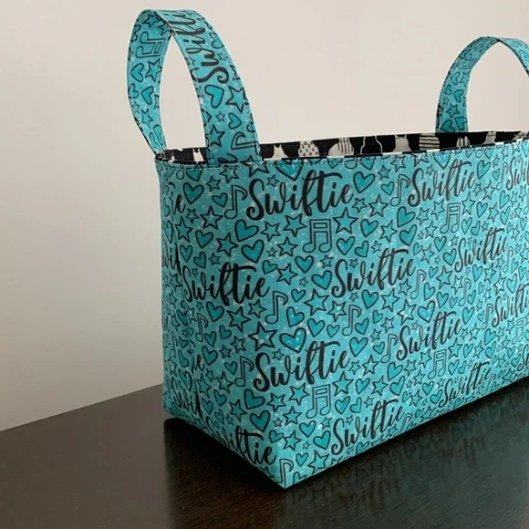Swiftie Fabric Basket in Aqua and Turquoise Blue Taylor Swift Fabric and Cat - Picture 7 of 11